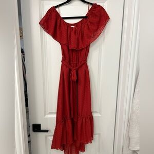 Red textured high-low midi dress